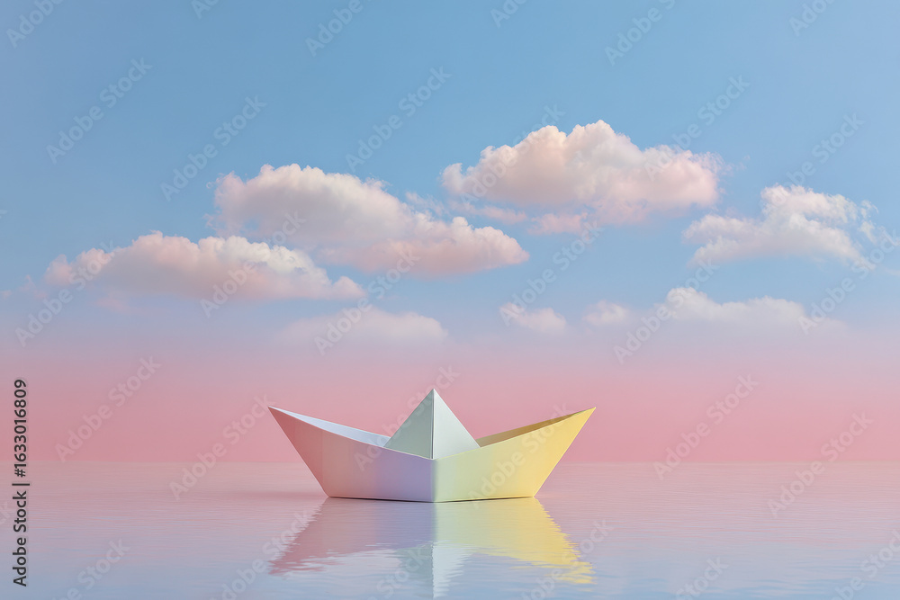 Obraz premium whimsical paper boat floats gently in puddle reflecting expansive sky above