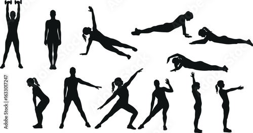 Silhouettes of woman performing various fitness exercises, stretching, yoga poses, weightlifting, strength training, workout routine, healthy lifestyle, active, athletic
