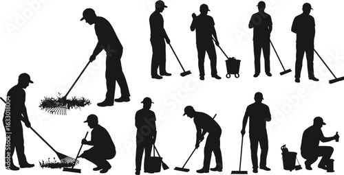 Silhouettes of workers cleaning outdoors, sweeping leaves, using rakes and brooms, gardening maintenance, teamwork, outdoor cleaning, tools, environment care.