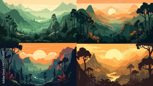 Collection of four digital illustrations, showcasing various mountain landscapes in different times of day.  Each image displays a stylized representation of nature.