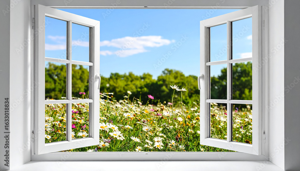 Obraz premium Open window flowers field summer sky landscape