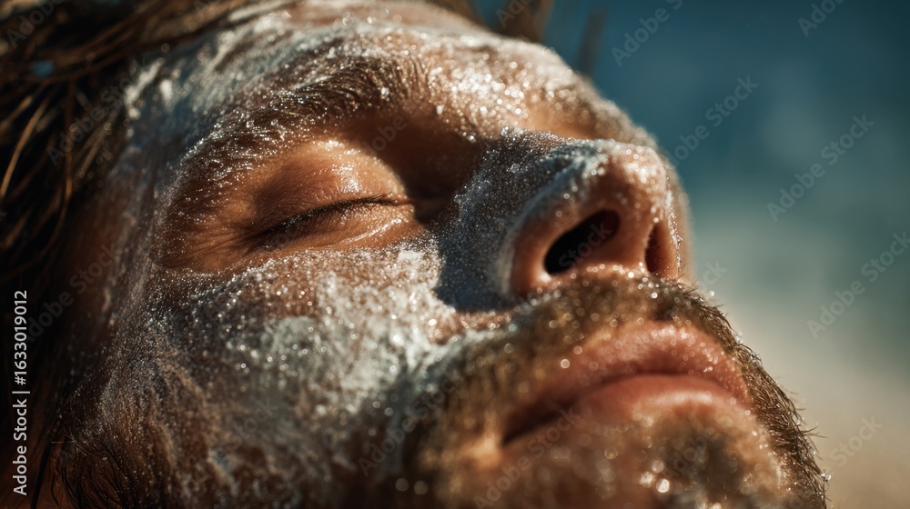 Naklejka premium Close-up shot of a person's face covered in a moisturizing mask, highlighting the texture and details of the skin and facial features.