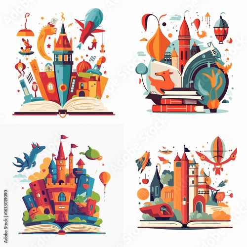 Four whimsical scenes of imaginary worlds, depicted on open books.  Each scene is filled with fantastical elements.