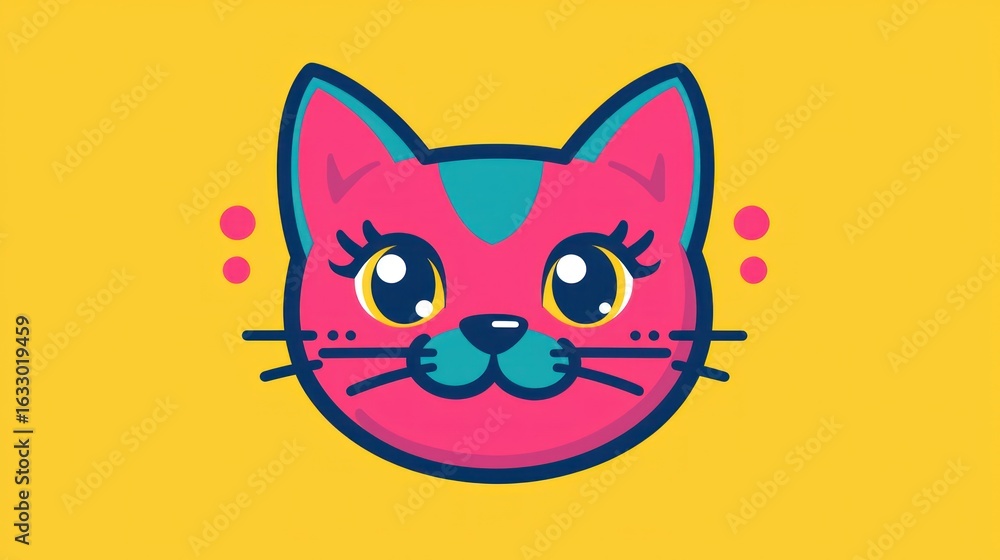 Fototapeta premium Cute cartoon cat face, vibrant colors, simple design, background, for kids' content