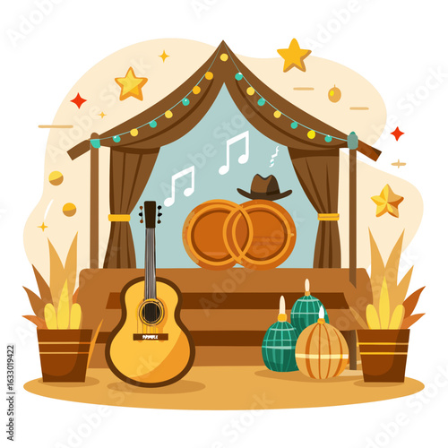 Country Music Festival Scene with Stage and Instruments Vector