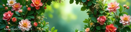 Floral wreath backdrop, lush greenery, natural sunlight, marriage, outdoor