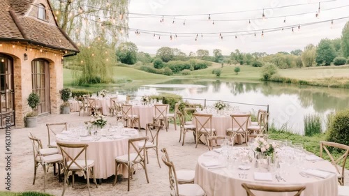 Elegant Outdoor Wedding Reception by Scenic Lake Surrounded by Nature