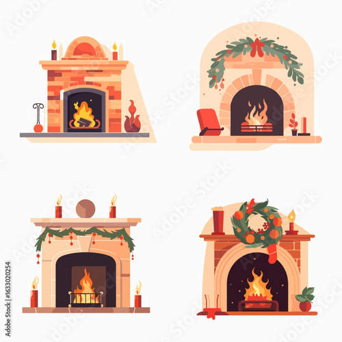 Four different designs of fireplaces, decorated with holiday elements. Each fireplace features a warm fire, candles, and holiday trimmings.