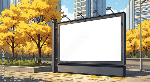 Empty Outdoor City Billboard Surrounded by Autumn Trees with Bright Yellow Leaves
