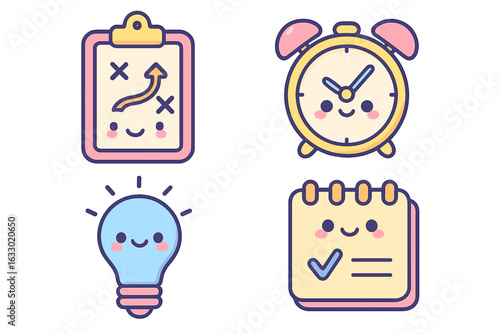 Cute cartoon illustrations of planning tools with smiling faces planning strategy icons