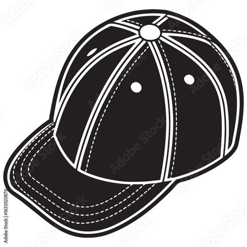 Classic black baseball cap with white stitching isolated on white background
