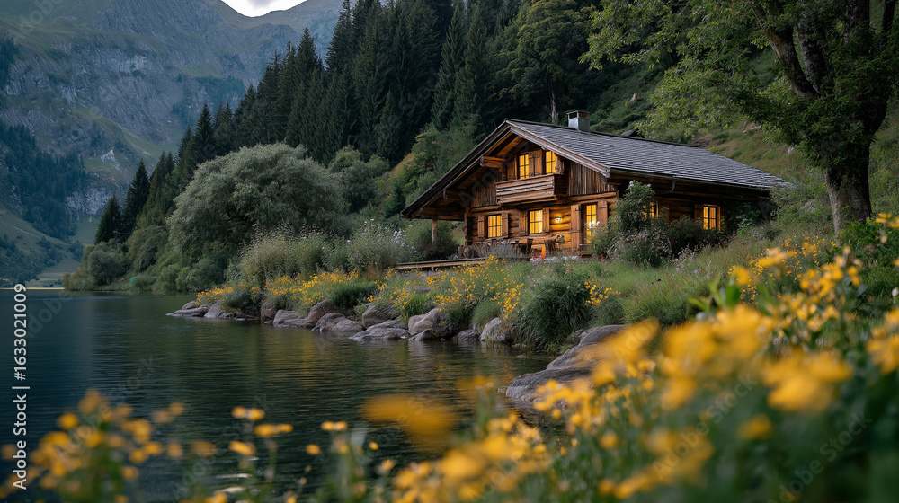 Naklejka premium Tranquil Lakeside Cabin: A picturesque wooden cabin nestled by a serene lake, enveloped by lush greenery and majestic mountains, radiating warmth and serenity in the tranquil dusk.