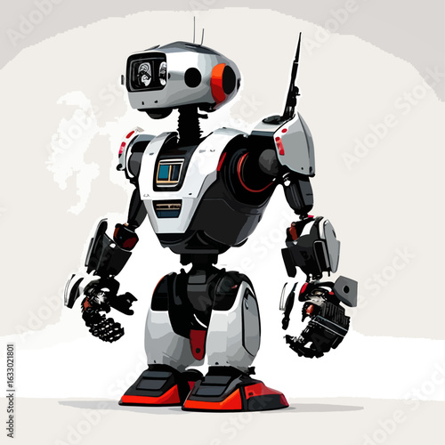 Digitally rendered, futuristic robot figure, showcasing a blend of mechanical and technological elements.  It stands with its arms at its sides, displaying detailed design features.