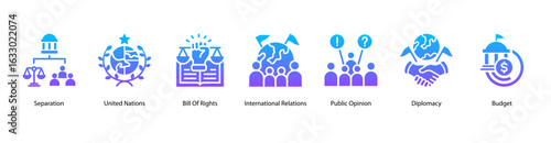 Political Foundations web banner icon vector illustration for separation of power, United Nations, Bill of Rights, international relations, public opinion, diplomacy, and budget.