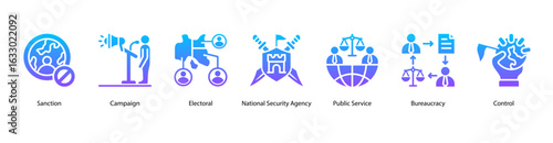 International Affairs web banner icon vector illustration for humanitarian aid, international sanctions, campaigns, electoral policies, national security, and public services across the globe.