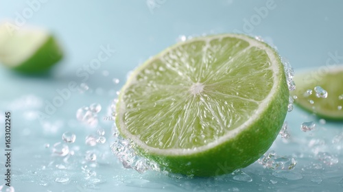 Fresh lime slices splashing in water against a light blue background during a food preparation session