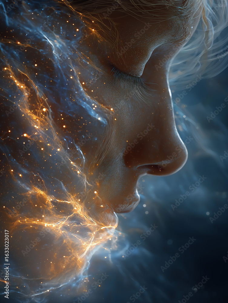 Fototapeta premium Whispers of the Cosmos: An artistic portrayal of a human face, intertwined with ethereal, celestial elements, and particles, embodying the mysteries of the universe.