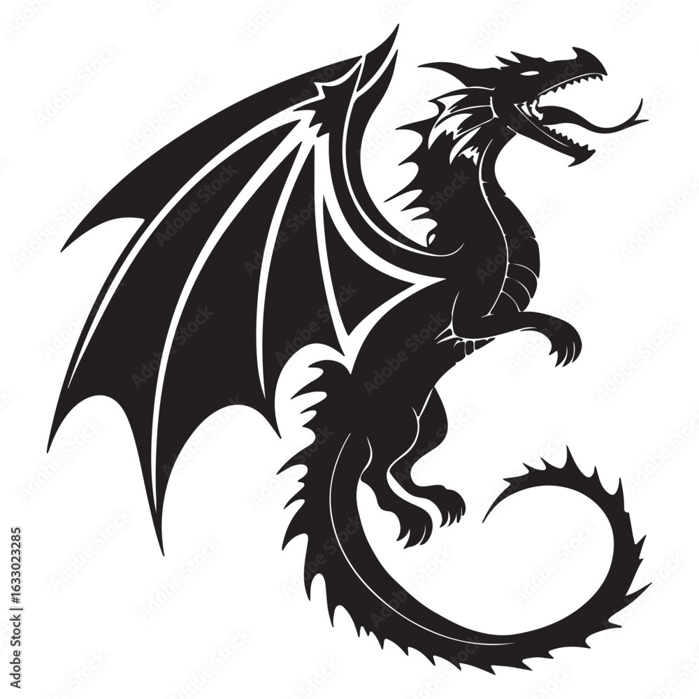 Naklejka premium Majestic black silhouette dragon with spiked wings in a dynamic pouncing pose