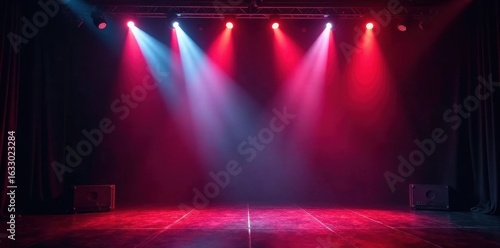 Stage lights illuminate heavy metal band equipment, loud, judas priest