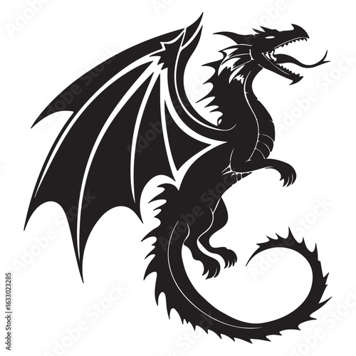 Majestic black silhouette dragon with spiked wings in a dynamic pouncing pose