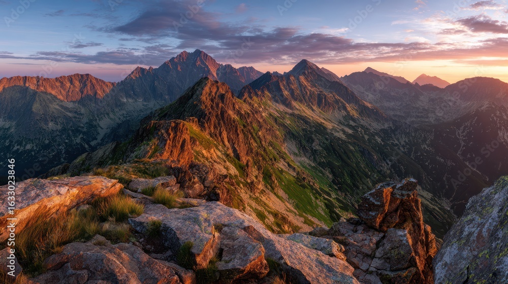 Fototapeta premium Mountain peaks at sunset. Rocky mountain ridge at sunrise