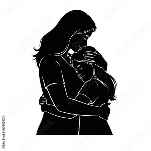 A loving mother tenderly embraces her young daughter in a black silhouette illustration.