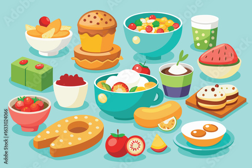 A colorful assortment of delicious and healthy food items including fruits desserts and a fish steak
