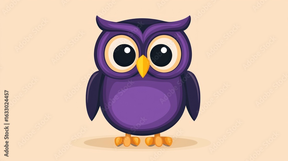 Fototapeta premium Cute purple owl cartoon character on beige background. Possible use Children's book illustration