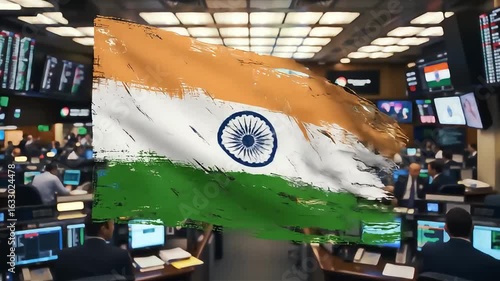 Indian Flag Overlayed on a Busy Stock Exchange Trading Floor Video