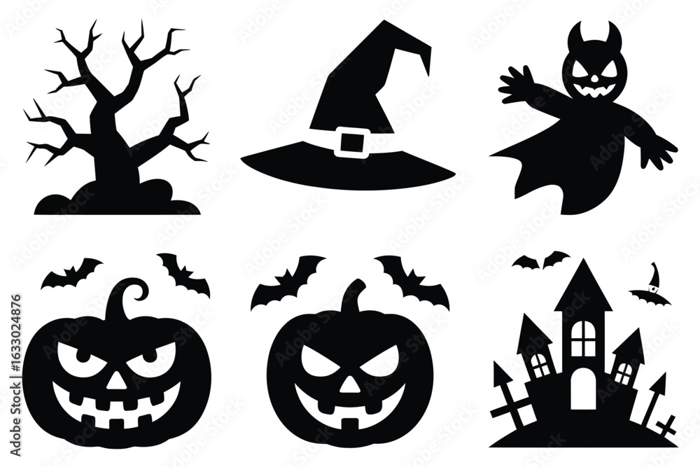 Fototapeta premium Vector art of halloween silhouettes isolated on white background featuring spooky symbols and icons