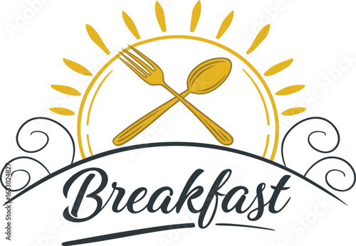 Golden spoon and fork crossed under a bright sun with the word breakfast