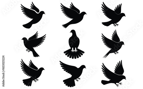 Vector art of set of nine black dove silhouettes isolated on white background for design use