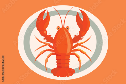 Brightly colored cartoon lobster centered on a plate with orange background
