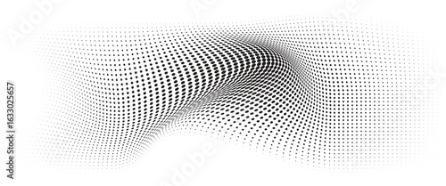 Flowing Wave Dot Halftone Pattern: Curve Gradient Shape on Transparent Background. Suitable for AI, Tech, Network, Digital, Science, and Technology Themes.