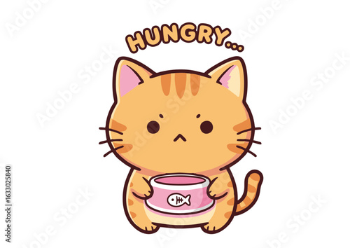 Adorable ginger tabby kitten cartoon feeling hungry, holding a can of food with a sad expression. Cute feline character vector illustration.