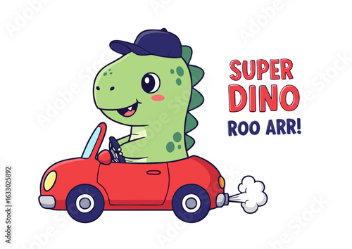 Cute cartoon dinosaur character with a cap driving a red convertible car. A funny prehistoric animal on a happy road trip adventure illustration.