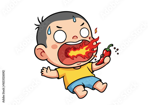 Funny cartoon boy breathing fire from his mouth after eating a spicy red chili pepper. An exaggerated illustration of a child's reaction to hot food.
