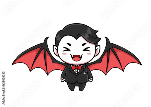 Cute chibi vampire boy with red bat wings smiling happily. Adorable cartoon character in a tuxedo for a Halloween party illustration.