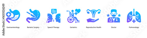 Clinical Focus web banner icon vector illustration featuring Gastroenterology, Bariatric Surgery, Speech Therapy, Geriatrics, Reproductive Health, Doctor, and Pulmonology.