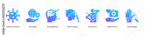 Medical Fields web banner icon vector illustration featuring Infectious Disease, Neurology, Drug Addiction, Plastic Surgery, Acupuncture, Health Service, and Dermatology.