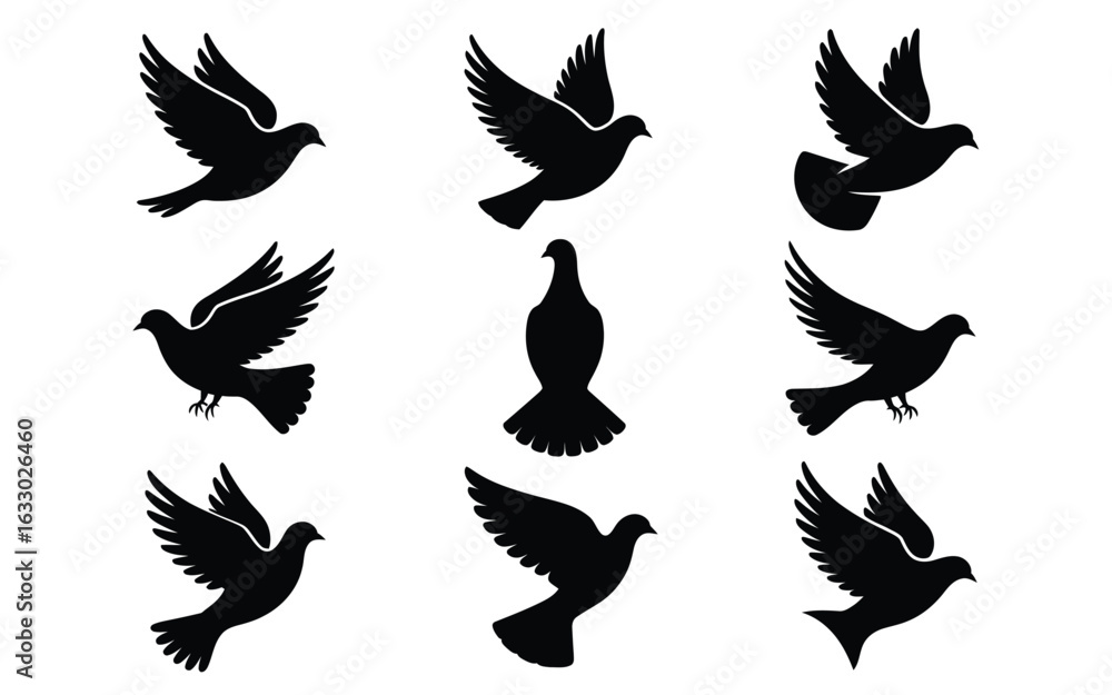 Fototapeta premium Vector art of set of doves isolated on white background, a symbol of peace and freedom in the sky