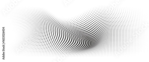 Flowing Wave Dot Halftone Pattern: Curve Gradient Shape on Transparent Background. Suitable for AI, Tech, Network, Digital, Science, and Technology Themes.