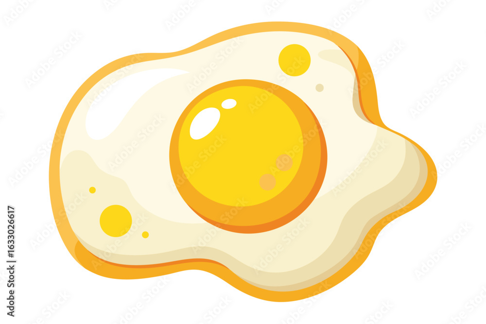 Cartoon illustration of a single fried egg with a bright yellow yolk and white albumen Cartoon illustration of a single fried egg with a bright yellow yolk and white albumen