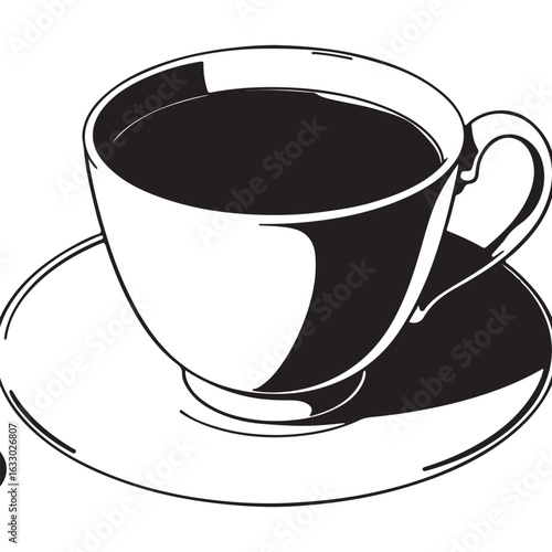 A classic white ceramic coffee cup filled with dark black coffee sits on a matching saucer