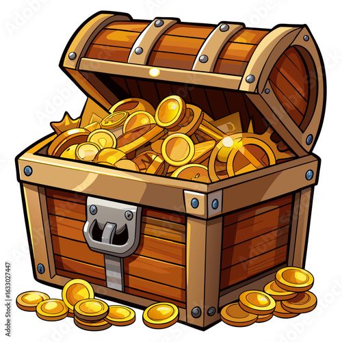 Rustic Pirate Treasure Chest with Gold Coins and Jewels Isolated on White