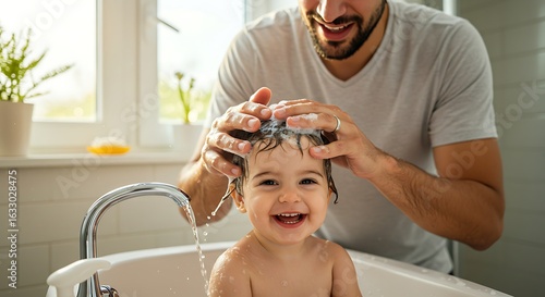 A loving father gently washes his laughing toddler's hair with shampoo in a bright bathroom.