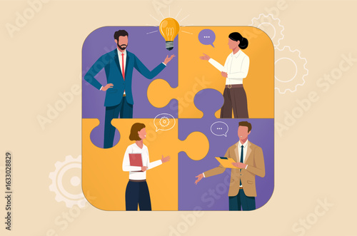 Group of people in business suits in puzzle pieces. Business meeting, discussion and debate of ideas.