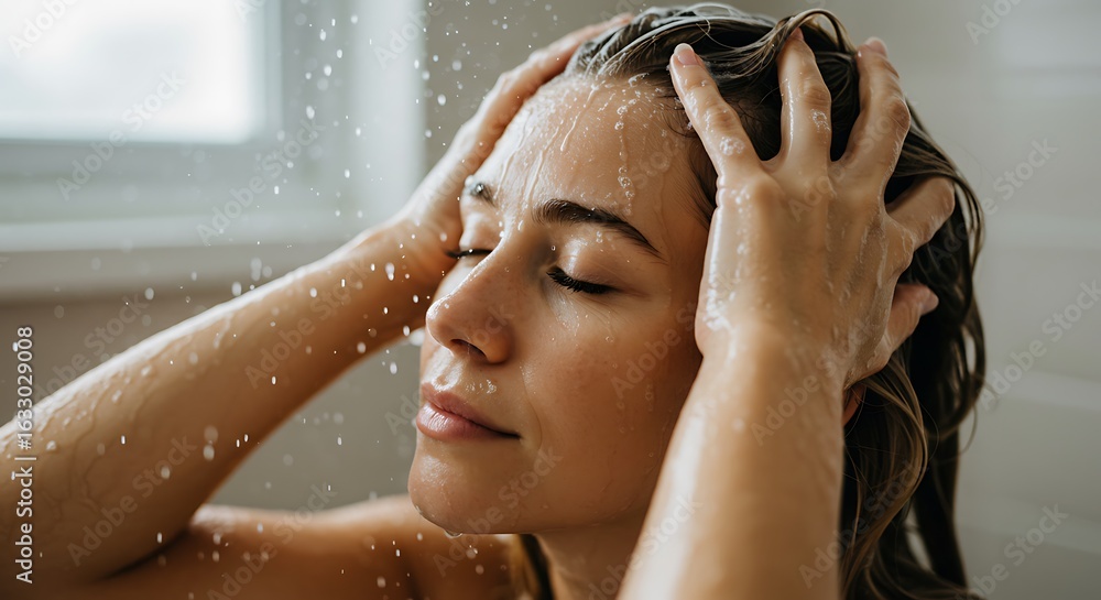 Naklejka premium A serene woman with closed eyes washing her long brown hair under splashing water in the shower.