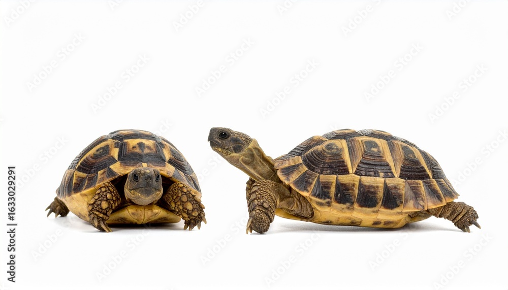 Fototapeta premium Two small tortoises, one withdrawn in its shell, the other alert and facing forward, against a plain white background.