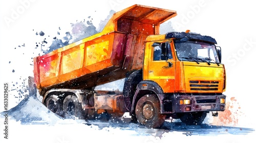 Watercolor illustration of a dump truck driving through snow